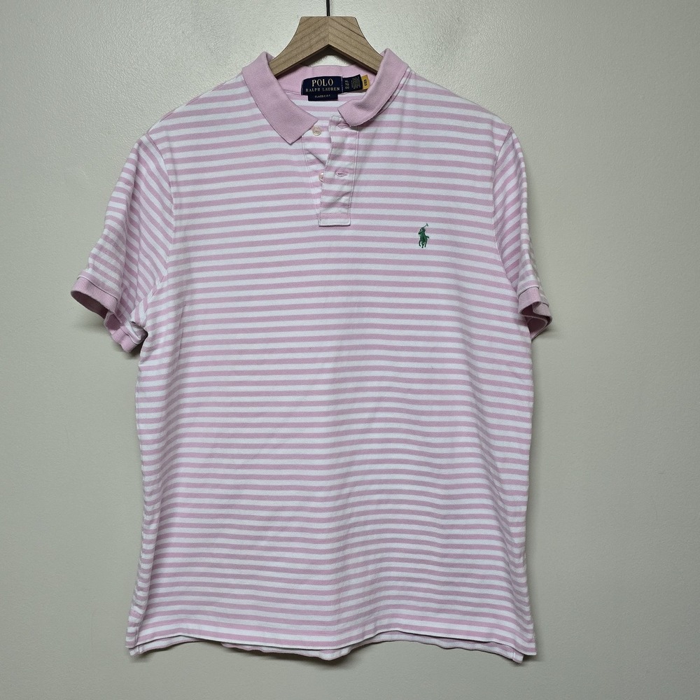 Polo Ralph Lauren Classic Fit Pink White Stripe Polo Shirt Men's‎ XL Cotton